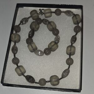 Handmade Elegant Gray Beaded Necklace and Bracelet Set